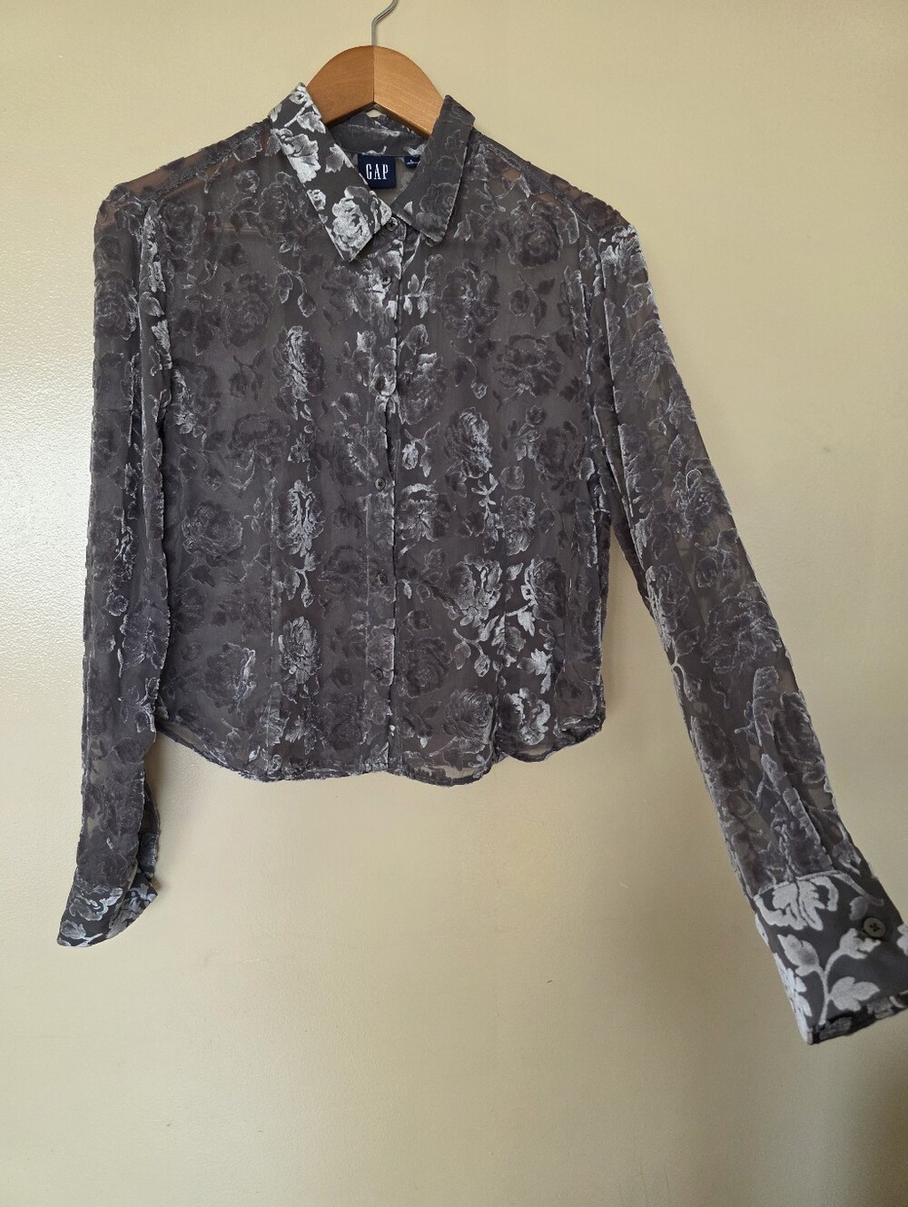 GAP Sheer Fitted Velvet Burnout Floral Crop Shirt L Dark Romantic Whimsigoth
